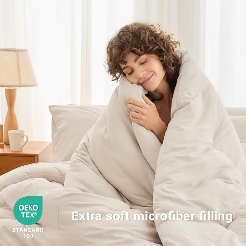 MUXHOMO 7 Pieces King Comforter Set, Soft Bed in a Bag King Size, All Season Bedding Set with Comforter, Flat Sheet, Fitted Sheet, Pillowcases & Shams, Beige MUXHOMO