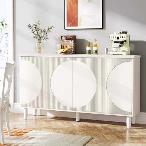 LITTLE TREE 59-Inch White Buffet Cabinet Sideboard with Storage, Modern Sideboard Buffet Table with Doors for Living Room, Dining Room - WoodArtSupply