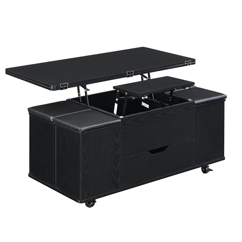 Christopher Knight Home Lucid Wooden Lift Top Coffee Table with Hidden Storage and 4 Stools, Center Table for Living Room with Compartment/Drawer, Multifunctional Table with Casters, Black Christopher Knight Home