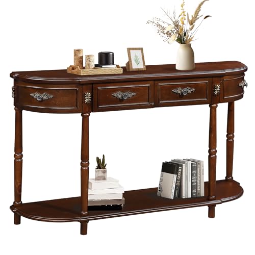 HMFULE Retro Curved Console Table, 52" Half Moon Console Table Sofa Table Entryway Table with 2 Drawers 1 Open Shelf Solid Pine Legs for Living Room,Entryway,Hallway,Cherry HMFULE