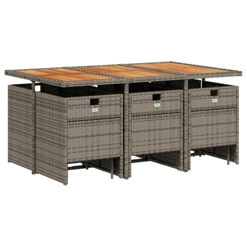 vidaXL 11 Piece Patio Dining Set with Cushions - Gray PE Rattan, Acacia Wood Tabletop, Foldable Chairs, and Stools - Ideal for Outdoor, Garden, and Patio vidaXL