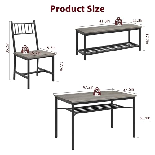 GarveeHome Dining Table Set for 4, Kitchen Table and Chairs for 4 with Wine Rack, Room Dining Table Set with Storage Benches, Rectangular Kitchen Table Set for Small Space, Apartment, Retro Gray GarveeHome