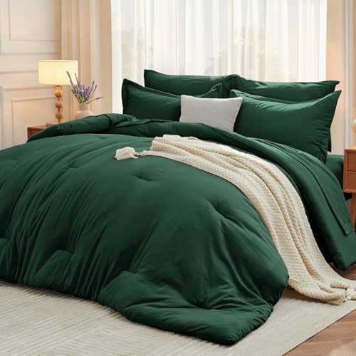MUXHOMO 7 Pieces Full Comforter Set, Soft Bed in a Bag Full Size, All Season Bedding Set with Comforter, Flat Sheet, Fitted Sheet, Pillowcases & Shams, Dark Emerald Green