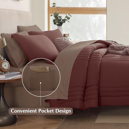 Monbix Queen Comforter Set - 7 Pieces Dark Red Bed in a Bag Queen Bedding Sets with Comforters, All Seasons Comforter Bed Set with Sheets, Pillowcases & Shams Monbix