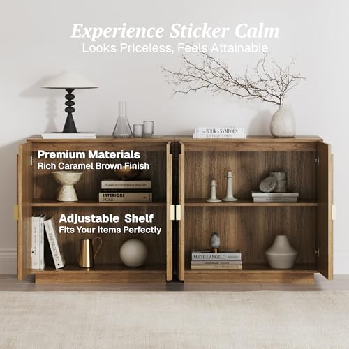 BELLEZE Set of 2 Modular Fluted Sideboard Buffet Cabinet with Storage, Mid-Century Modern Console Table with Symmetrical Arched Doors, Credenza for Dining Room, Kitchen and Living Room, Caramel Brown BELLEZE