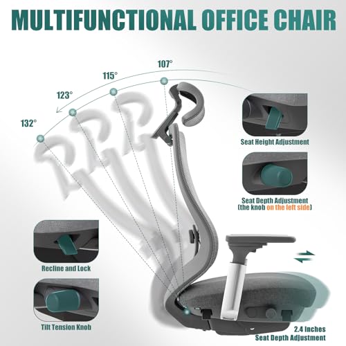 COLAMY Ergonomic Mesh Office Chair, High Back Office Chair, Computer Executive Desk Chair with Lumbar Support,Adjustable Headrest and 4D Arms, Slide Seat, Tilt Lock-Darkgrey New COLAMY