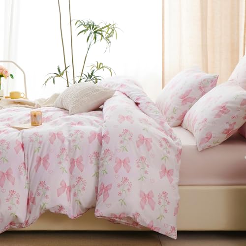 CCoutueChen Duvet Cover Twin 2Pcs Pink Floral Bow Bedding Set for Girls Kids, Romantic Princess Style Bowknot Bedding, Ultra Soft Reversible Garden Flower Duvet Cover Set(1 Pillowcase,No Comforter) CCoutueChen