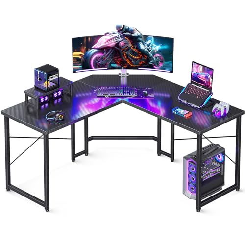 Casaottima L Shaped Gaming Desk with Monitor Stand, Corner Desk Gaming Table for Home Office, Computer Desk Sturdy Writing Workstation for Small Space, 51 inch, Carbon Fiber Surface, Black - WoodArtSupply