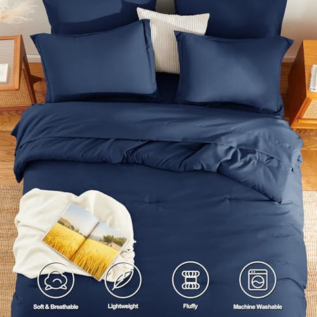 HIMEET Queen Comforter Set - 7 Pieces Bed in a Bag Queen Size, Luxury Comforter Set with Sheets for All Season, Bed Set with Comforter, Flat Sheet, Fitted Sheet, Pillowcases & Shams, Navy Blue HIMEET