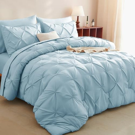CozyLux Queen Comforter Set Light Blue, 7 Pieces Pintuck Bed in A Bag, Premium Blue Comforter Queen Size, Pinch Pleat Bedding Sets with Comforter, Sheets, Pillowcases & Shams CozyLux