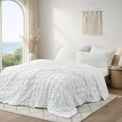 Cozy Bliss Cooling Comforter Seersucker Plaid Queen Size, Q-Max 0.45 Lightweight Cooling Blanket, Breathable Silk Smooth Summer Bedding Quilt for Hot Sleepers Night Sweats White Cozy Bliss