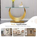 Modern Glass Entryway Console Table with Moon Shape Stainless Steel Pedestal Base, Long Narrow Sofa Table Behind Couch Hallway Table for Entryway, Living Room, Foyer, Entrance Gold TehRecBT
