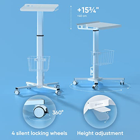ONKRON Mobile Laptop Cart on Wheels, Load up to 17.6 lbs, Standing Rolling Desk Adjustable Height, Portable Workstation for Laptop/Small Computer Cart for Couch, Home, Office White ONKRON