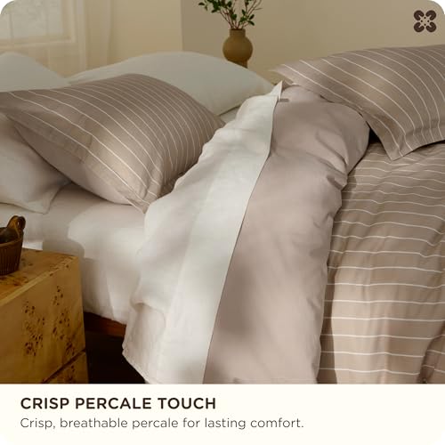 Bedsure Striped Duvet Cover King Size,100% Washed Cotton Duvet Cover Linen Like Textured, Classic Striped Pattern Enhances Bedroom Comfort and Style, Stripes Tan/White, 104"x90" Bedsure