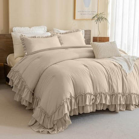 Masaca Ruffled Comforter Set Queen,3-Piece Farmhouse Shabby Boho Chic Bedding,Ultra Soft Linen Feel Textured Bed Comforter Set (1 Ruffle Comforter+2 Pillow Shams) Masaca
