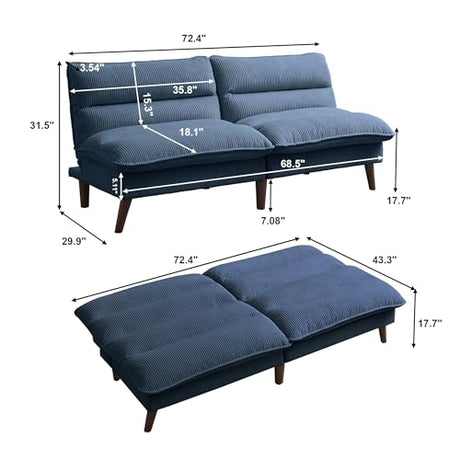 Enobala Futon Sofa Bed, 72" Convertible Futon Couch with 3-Level Adjustble Backrest, Modern Loveseat Couch, Folding Recliner Sleeper Sofa for Small Spaces, Living Room, Apartment, Guest Room, Blue Enobala