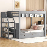 HRJHLucky Full Size Convertible Futon Bunk Bed with Storage Staircase, Bedside Table and 3 Drawers (Gray) HRJHLucky