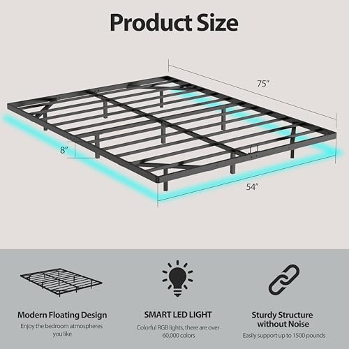 Arhomefurni Floating Bed Frame with Smart LED Lights Metal Platform Bed Easy Assembly No Box Spring Needed (Full) Arhomefurni