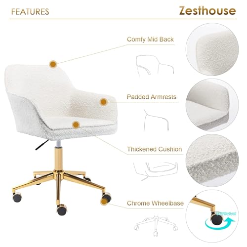 Zesthouse Modern Desk Chair with Wheels, White Swivel Vanity Chair for Girls Women, Upholstered Home Office Chair Boucle Armchair for Bedroom, Height Adjustable Computer Task Chair, Gold Base Zesthouse