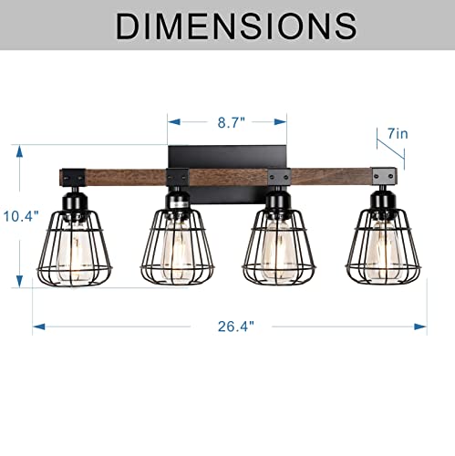 TELAFLY Bathroom Vanity Light Fixture,Rustic 4-Light Wood Wall Light,Industrial Bathroom Lighting Fixture Over Mirror,Modern Matte Black Metal Cage Wall Sconce for Hallway,Kitchen,Bedroom TELAFLY