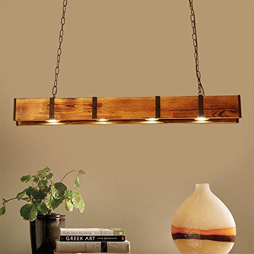 Rustic Wood 4-Lights Farmhouse Chandelier， Retro Hanging Pendant Lamp，Wood Beam Linear Hanging Light Vintage Ceiling Light Fixture for Dining Table, Kitchen Island, Bar JUOPTGJ
