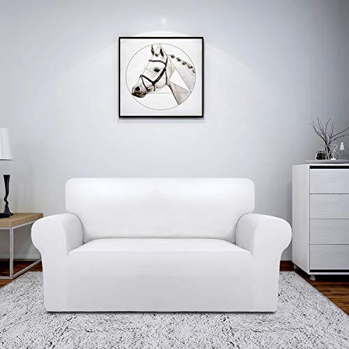 Easy-Going Fleece Stretch Sofa Slipcover Spandex Non-Slip Soft Couch Sofa Cover, Washable Furniture Protector with Anti-Skid Foam and Elastic Bottom for Kids, Pets(Loveseat, Snow White) Easy-Going
