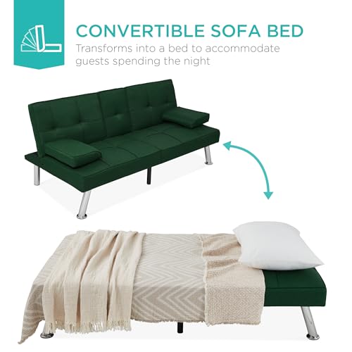 Best Choice Products Linen Modern Folding Futon, Reclining Sofa Bed for Apartment, Dorm w/Removable Armrests, 2 Cupholders - Dark Green Best Choice Products