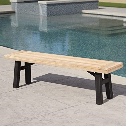 Christopher Knight Home Bettina Outdoor Acacia Wood Dining Bench with Brushed Mahogany Legs, Brushed Grey / Brushed Mahogany Christopher Knight Home
