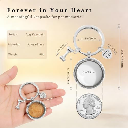 Dog Hair Keepsake Keychain – Dog Fur Locket, Stainless Steel Pet Fur Memorial Keychain with Heart & Bone Charms, Sympathy Gift for Dog Lovers