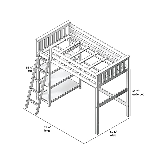 Max & Lily High Loft Bed, Twin Bed Frame For Kids With Bookcase, White Max & Lily