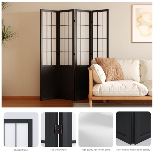 Room Divider, 66.9Inch Tall Japanese Shoji Style Folding Wood Screen with Double Hinges for Home Office Bedroom Hotel Decoration (4Panels, Black) Svimi