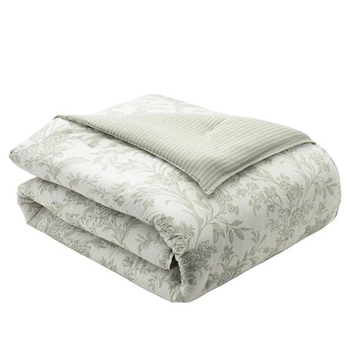 Laura Ashley Home - King Duvet Cover Set, Reversible Cotton Bedding, Includes Matching Shams with Bonus Euro Shams & Throw Pillows (Natalie Green, King) Laura Ashley
