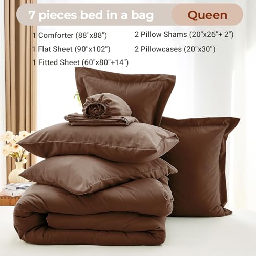 MUXHOMO 7 Pieces Queen Comforter Set, Soft Bed in a Bag Queen Size, All Season Bedding Set with Comforter, Flat Sheet, Fitted Sheet, Pillowcases & Shams, Brown MUXHOMO