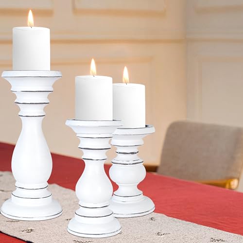 White Wooden Candle Holder, Candle Holder for Christmas Decoration, Wood Pillar Candle Holder, Tall Candle Holders, Farmhouse Candle Holder, Candle Holder Set of 3, Height (10+8+6) inch White - WoodArtSupply