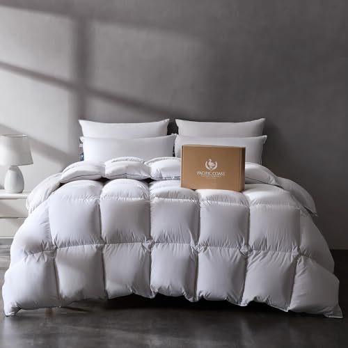 Pacific Coast Luxury White Goose Feather and Down Fiber Comforter Queen Size, All Season Fluffy Hotel Bedding Comforters，Ultra-Soft & Breathable Fabric duvet insert queen with 8 Tabs, 90x90 Inch White Pacific Coast