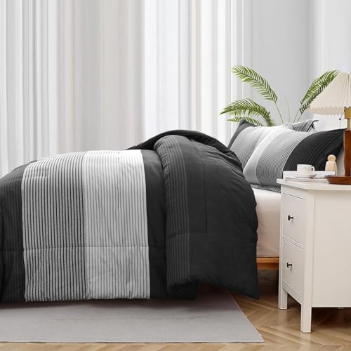 WONGS BEDDING Black Comforter Set Queen, Reversible Black Grey Stripe Down Alternative Comforter for All Season,3 Pieces(1 Patchwork Comforter+2 Pillowcases), Soft Microfiber Bedding Set 90"×90" WONGS BEDDING