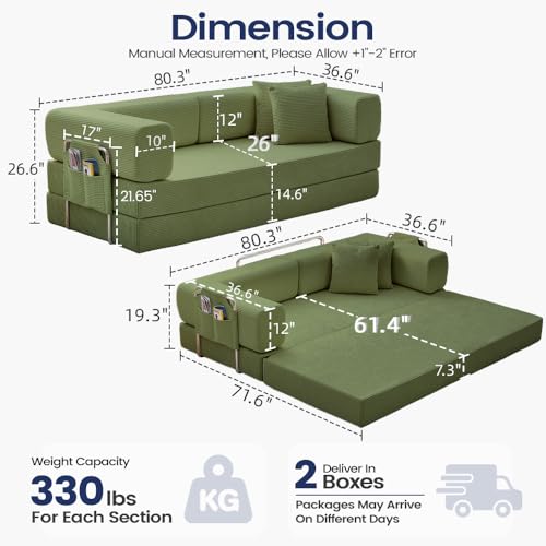GEARIVY Folding Sofa Bed Convertable Corduroy Couch King Size Floor Sleeper 4-in-1 DIY Combination Modular Sofa Fold Out Futon Lounge Comfy Foldable Lazy cama for Living Room GEARIVY
