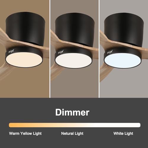 reiga 52" Natural Wood Ceiling Fan with Light and Remote, 3 Blade Flush Mount Low Profile Ceiling Fan for Bedrooom Living Room, Quiet DC Motor reiga