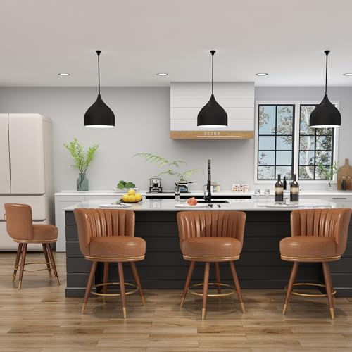 SeekFancy 24" Swivel Bar Stools Set of 2, Counter Height Bar Stools with Back, Leather Swivel Counter Stool with Wood Legs, Upholstered Pub Stools Brown Bar Chairs for Kitchen Island, 300lbs SeekFancy