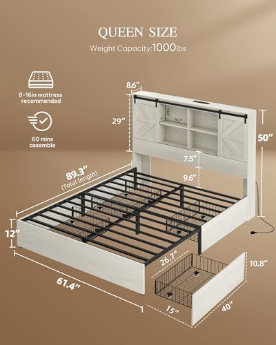 YITAHOME Farmhouse Queen Size Bed Frame with Storage Bookcase Headboard, Sliding Barn Door, 4 Storage Drawers, RGB LED Bed Frame with USB Charging Station, No Box Spring Needed, Antique White - WoodArtSupply