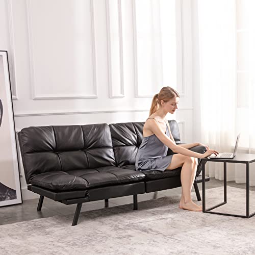 Hcore Convertible Futon Sofa Bed,Black Leather Memory Foam Loveseat Futons Sofa Couch,Small Euro Lounger Sofa for Compact Living Spaces,Apartment,Dorm,Studio,Guest Room,Home Office/Dark Black Leather Hcore