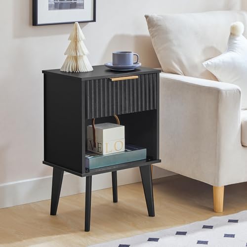 MAHANCRIS End Table, Fluted Night Stand, Modern Side Table, Small Bedside Table with 1 Drawer and 1 Open Compartment, Mid Century Nightstand, for Living Room, Bedroom, Study, Office, Black ETBK6201 MAHANCRIS