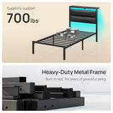 Seventable Twin Bed Frame with Upholstered Storage Headboard, Charging Station & LED Lights, Metal Platform Bed with Under Bed Storage, No Box Spring Needed, Noise Free, Easy Assembly, Black Seventable