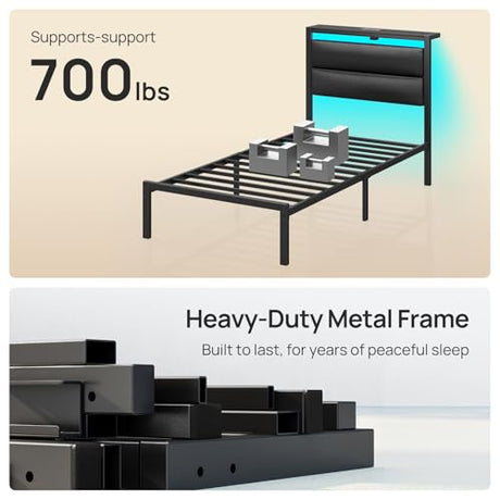 Seventable Twin Bed Frame with Upholstered Storage Headboard, Charging Station & LED Lights, Metal Platform Bed with Under Bed Storage, No Box Spring Needed, Noise Free, Easy Assembly, Black Seventable