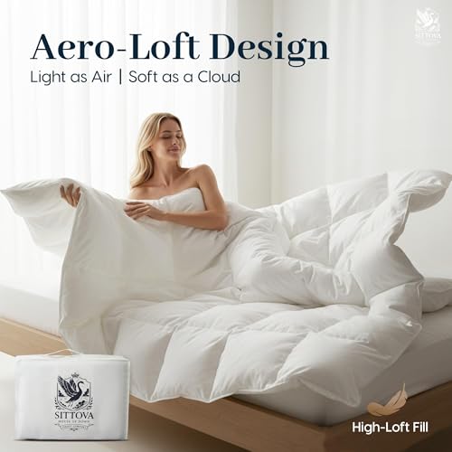 Goose Down Fiber Comforter Queen Size – All-Season Hotel Quality Duvet Insert, High Fill Power, Ultra Soft 100% Cotton, Box-Stitched, Breathable, Lightweight Luxurious White Bedding, 90"x 90" Sittova