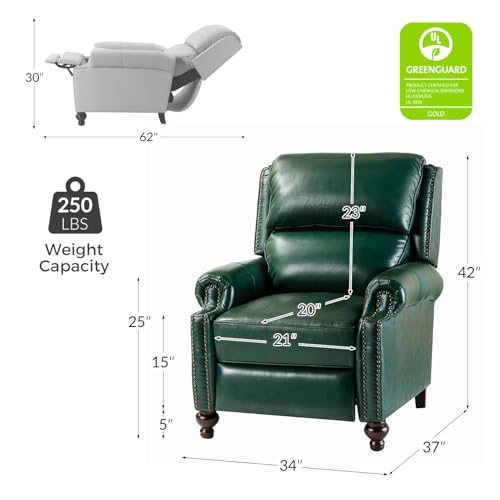HULALA HOME Genuine Leather Wingback Recliner Chair with Thick Cushioned Seat, Traditional Push Back Leather Recliner with Nailhead Trim, Green