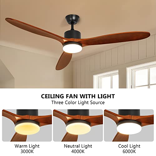 Depuley 52" Ceiling Fan with Lights Remote Control, Indoor Outdoor Ceiling Fan with 3 Solid Rubber Wood Blade, Noiseless AC Motor Wood Ceiling Fan for Living Room, Bedroom, Patio, Timer