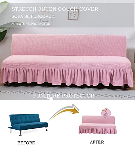GIANCO FERRO Armless Stretch Futon Covers with Skirt Soft Jacquard Sofa Bed Cover with Elastic Bottom Machine Washable Stain Resistant (Pink, Medium (Length 59"-70.5")) GIANCO FERRO