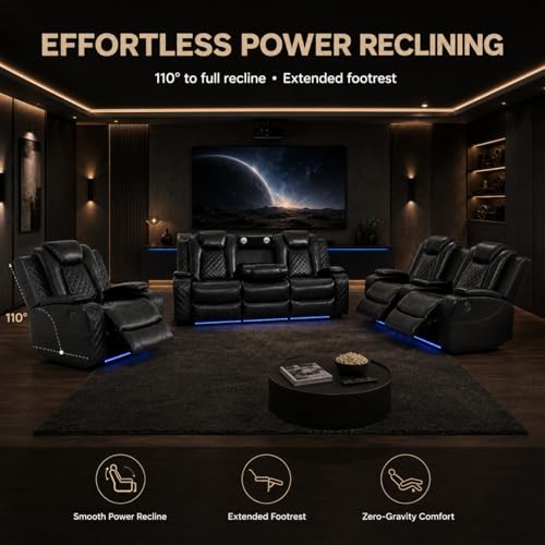 Power Reclining Sectional Sofa for Living Room, 3 Pieces Leather Recliner Sofa Set with USB Ports, LED Light, Wireless Charger & Storage Console, Living Room Furniture Sets with Home Theater Seating