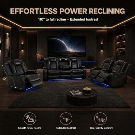 Power Reclining Sectional Sofa for Living Room, 3 Pieces Leather Recliner Sofa Set with USB Ports, LED Light, Wireless Charger & Storage Console, Living Room Furniture Sets with Home Theater Seating Puduvir